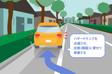 ハザードランプを点滅させ、左側(路肩)に寄せて停車する